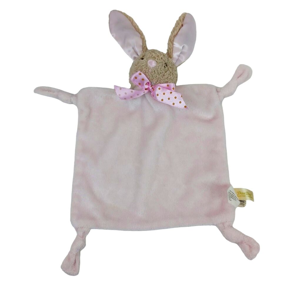Dan Dee Pink Tan Bunny Baby Blanket Knotted Corners Rattle Lovey Polka Dot Bow